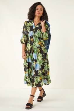Roman Floral Tiered Button Midi Dress