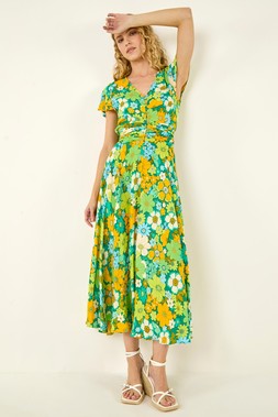Roman Yellow Floral Ruched Midi Dress