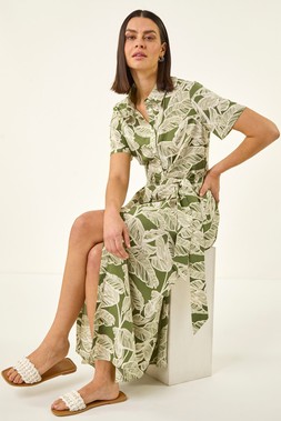 Roman Green Leaf Print Belted Shirt Dress