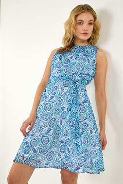 Dusk Blue Floral Shimmer Tie Waist Dress