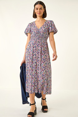 Roman Pink Abstract Print Shirred Midi Dress