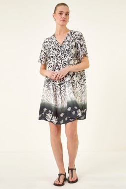 Roman Black Leaf Border Print Pintuck Dress
