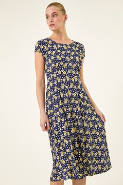 Roman Yellow Daisy Print Midi Tea Dress