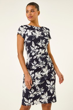 Roman Navy Floral Gathered Shift Dress
