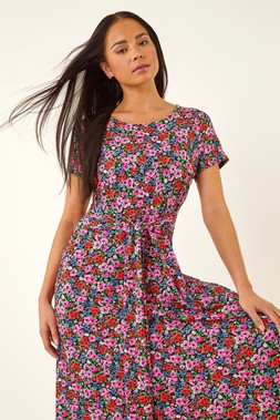 Roman Petite Red Floral Tie Front Stretch Midi Dress