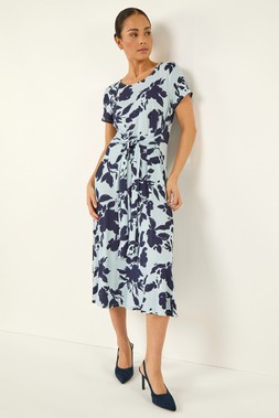 Roman Petite Blue Floral Tie Front Stretch Midi Dress