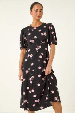 Roman Petite Black Floral Stretch Midi Dress