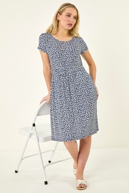 Roman Petite Navy Floral A-Line Stretch Dress