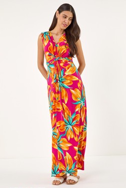Roman Fuscsia Floral Twist Front Stretch Maxi Dress