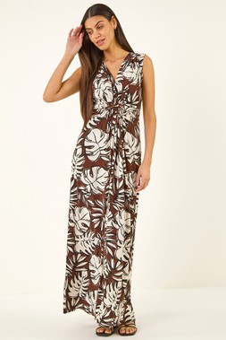 Roman Chocolate Leaf Twist Front Maxi Dress
