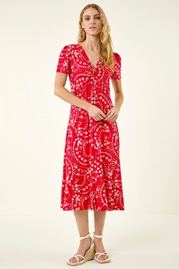 Roman Red Floral Print Twist Front Stretch Dress