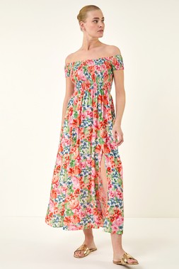 Roman Pink Floral Print Bardot Shirred Midi Dress
