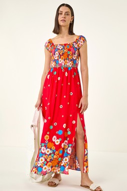 Roman Red Floral Print Bardot Shirred Midi Dress