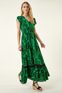 Roman Green Tropical Leaf Print V-Neck Midi Dress