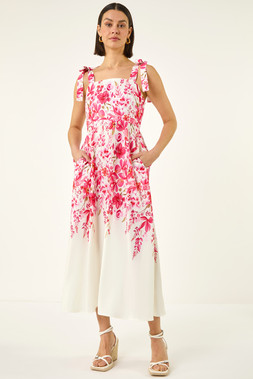 Roman Pink Floral Print Strap Tie Midi Dress