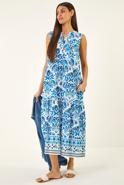 Roman Blue Printed Button Detail Midi Dress