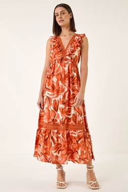 Roman Orange Leaf Print V-Neck Maxi Dress