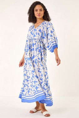 Roman Blue Floral Print V-Neck Maxi Dress