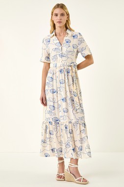 Roman Blue Sea Shell Print Midi Dress