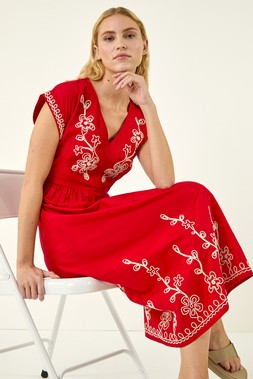 Roman Red Embroidered V-Neck Midi Dress