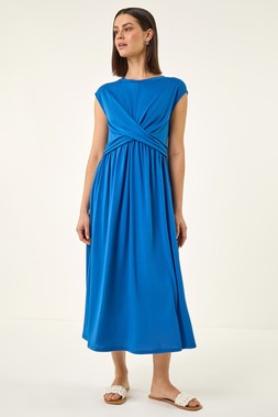 Roman Blue Crossover Front Stretch Midi Dress