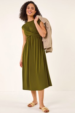 Roman Khaki Crossover Front Stretch Midi Dress
