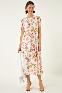 Roman Ivory Floral Chiffon Pleated Dress
