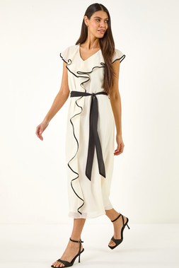 Roman Ivory Frill Contrast Tipped Midi Dress