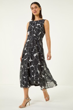 Roman Chiffon Floral Pleat Neck Dress