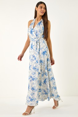 Roman Light Blue Floral Swirl Halter Neck Dress