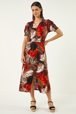 Roman Leaf Print Shirred Midi Dress