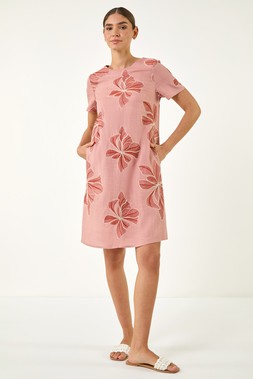 Roman Pink Embroidered Floral Shift Dress
