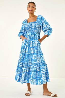 Roman Seashell Tile Shirred Midi Dress