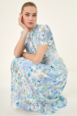 Roman Blue Watercolour Lace Midi Dress