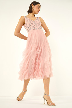 Roman Light Pink Premium Beaded Frill Dress