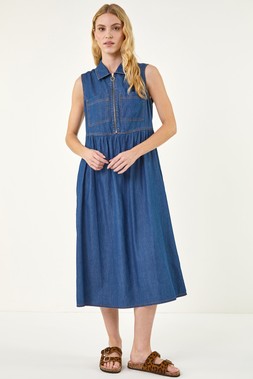 Roman Collared Front Zip Midi Dress