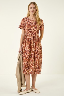 Roman Chocolate Leaf Print Smock Midi Dress