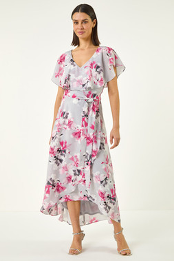 Roman Floral Frill Belted Wrap Dress
