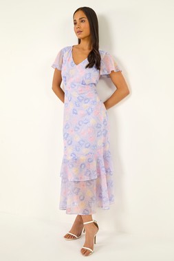 Petite Lilac Floral V-Neck Frill Midi Dress