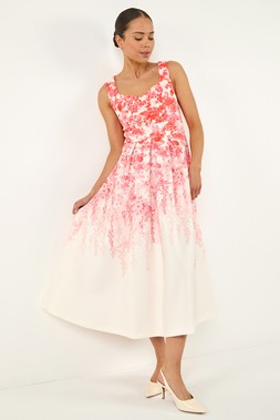 Roman Petite Coral Floral Waist Stretch Midi Dress