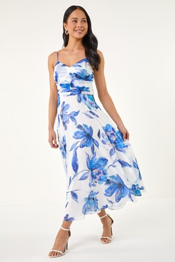 Roman Petite Blue Floral Ruched Midi Dress