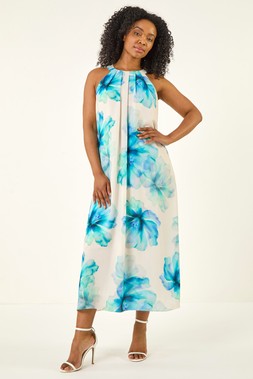 Roman Petite Turquoise Floral Halterneck Midi Dress