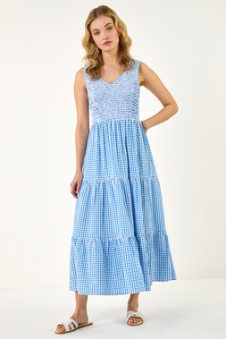 Dusk Blue Gingham Tiered Midi Dress