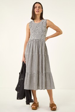 Roman Gingham Shirred Midi Dress