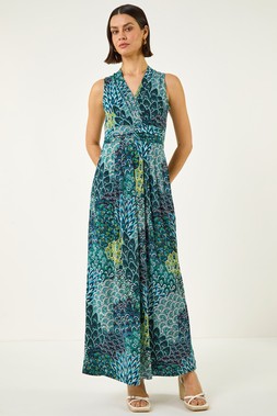 Roman Green Peacock Twist Front Maxi Dress