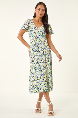 Roman Petite Blue Floral V-Neck Midi Dress