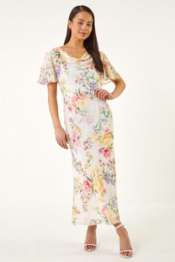 Roman Petite Ivory Floral Cowl Neck Midi Dress