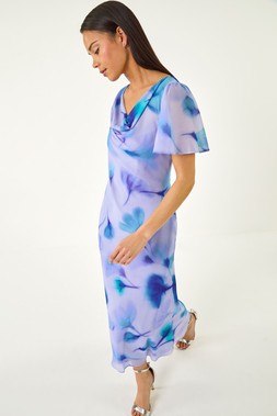 Roman Petite Blue Floral Cowl Neck Midi Dress