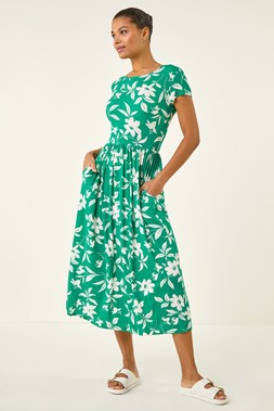 Roman Green Floral Print Pocket Midi Dress