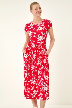 Roman Red Floral Print Pocket Midi Dress